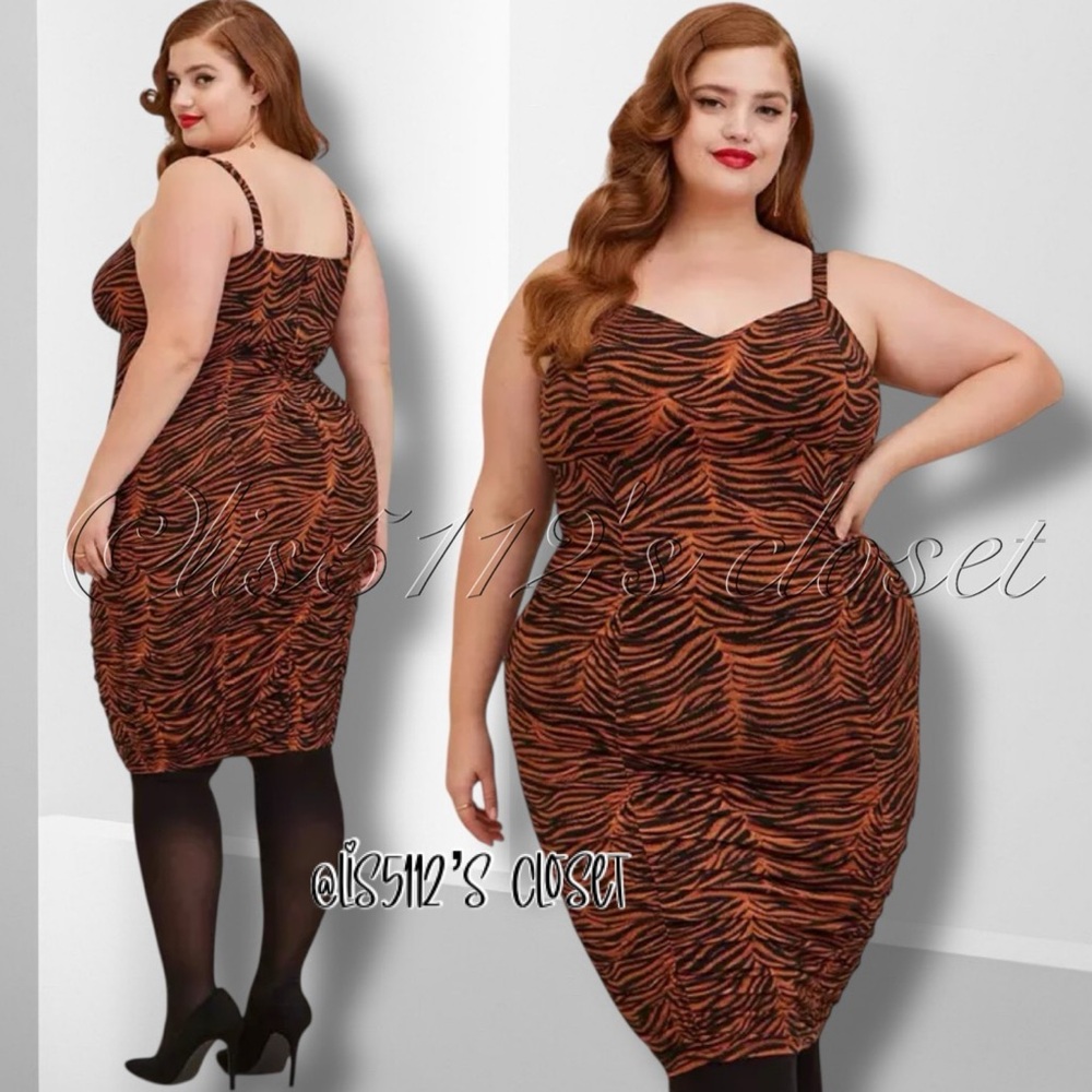 Torrid Tiger Animal Print Studio Knit Shirred Bodycon Dress 2X 18 20 - Picture 3 of 16